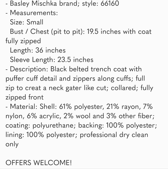 Badgley Mischka Belle lorian black wool coat faux leather belted sz S - Picture 8 of 8